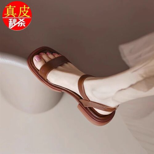 品牌撤柜断码牛皮平底粗跟凉鞋女夏季新款软底一字带真皮大码女鞋