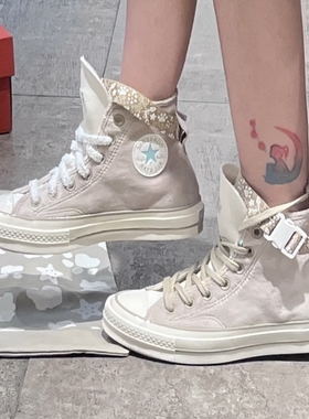 匡威/Converse 1970s 绑带高帮米白色爪印休闲运动帆布鞋 A08160C