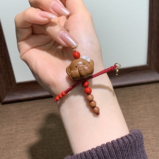 天然桃木小象人小滴溜老山檀圆珠朱砂红砂铜鎏金钱币吊坠挂件饰品