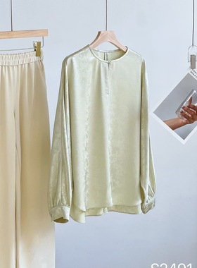 绿色真丝醋酸提花女士衬衫 新中式提花套头衬衫女上衣 素雅高级