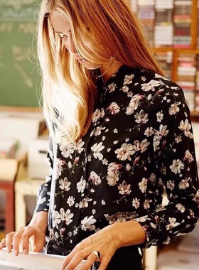 eq 真丝长袖女士衬衫 黑色木兰花休闲衬衫气质上班族打底专柜款