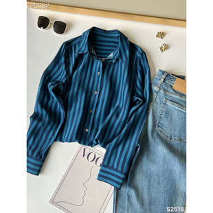 重磅双绉真丝蓝色条纹长袖 女桑蚕丝翻领百搭通勤高级上衣外套 衬衫