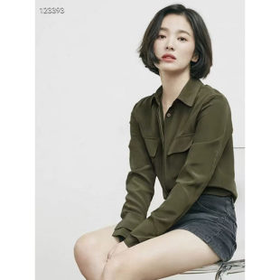 宋慧乔气质橄榄绿 衬衫 双口袋 口长袖 女 双层袖 重磅真丝双绉衬衫