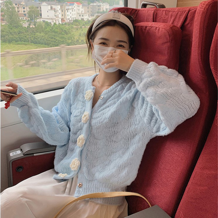 软奶蓝毛衣针织开衫女2022年春秋宽松设计感小众日系可爱甜美上衣