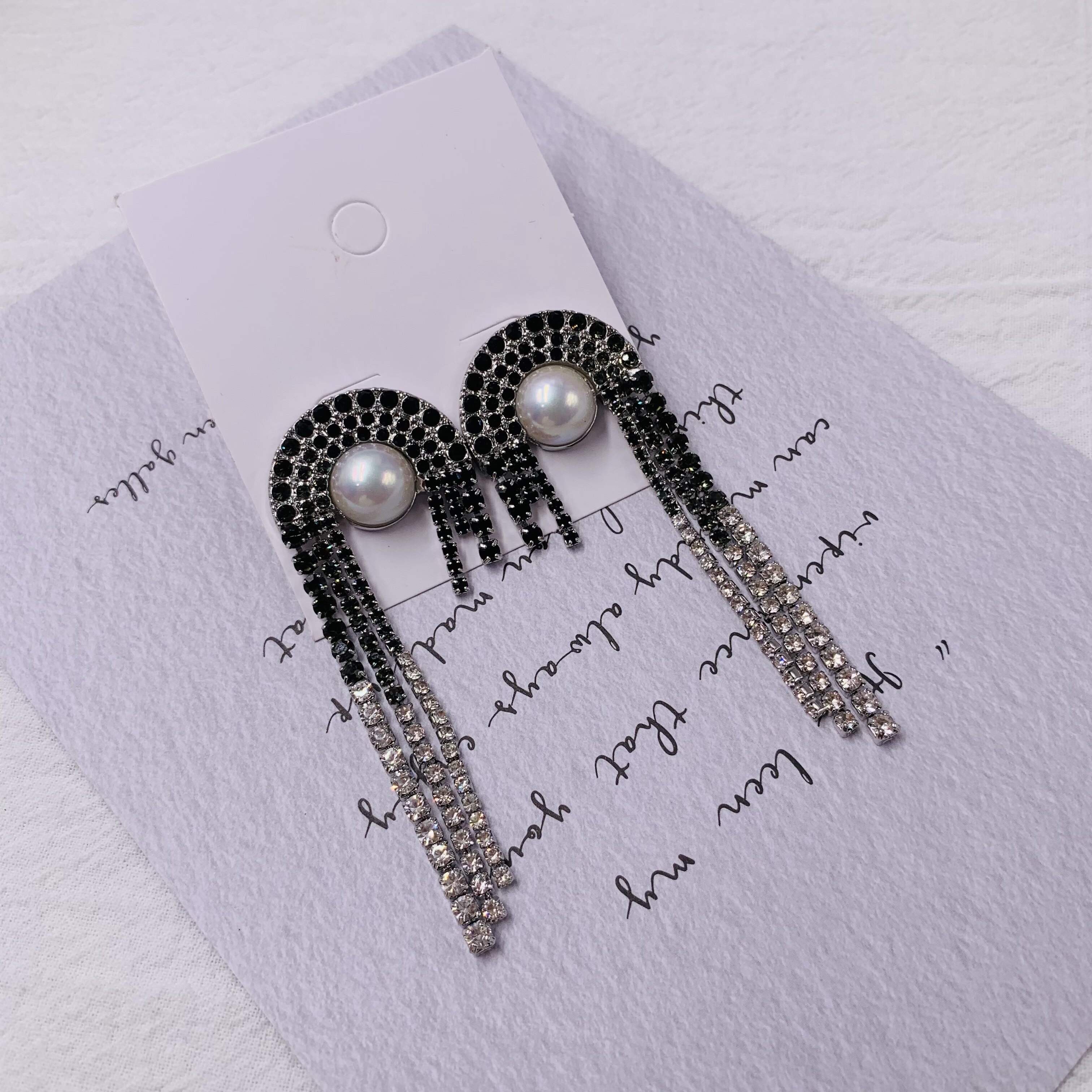 黑白流苏珍珠锆石轻奢气质高级小众设计感耳饰s925银耳针