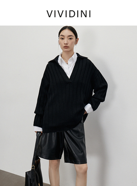 VIVIDINI 100%绵羊毛衣V领潮流慵懒风加厚宽松