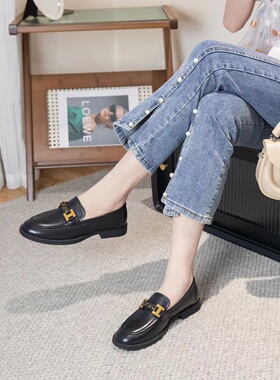 专柜断码清货余38.39码羊皮圆头粗跟单鞋舒适软底工作鞋乐福鞋