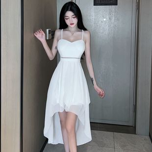 白色连衣裙甜美高级感前短后长小礼服裙气质宴会小个子生日伴娘裙