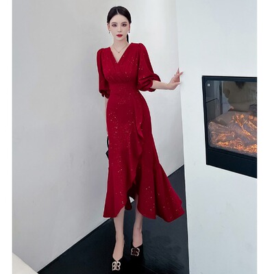 鱼尾酒红色敬酒服晚礼服显瘦