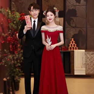 长裙子 新娘宴会订婚礼服裙回门便装 2025新款 气质一字肩敬酒服法式