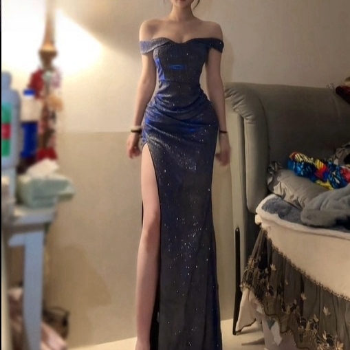 一字肩晚礼服开衩亮片明星同款