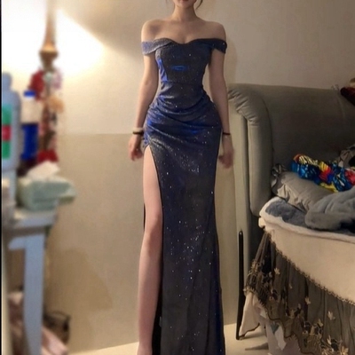 一字肩晚礼服开衩亮片明星同款