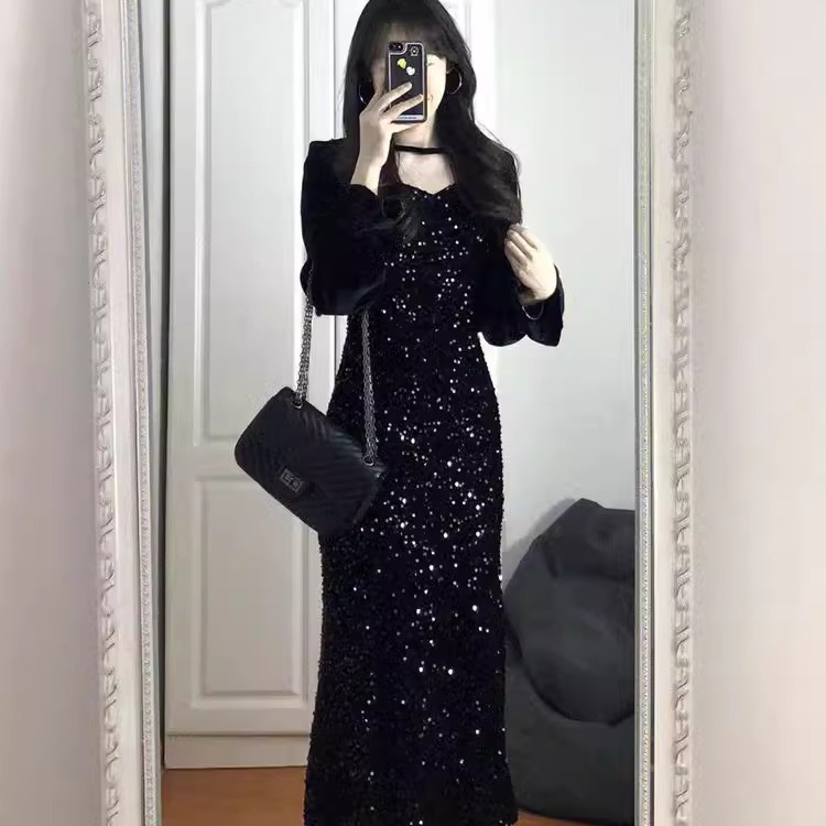 法式黑色亮片丝绒鱼尾连衣裙