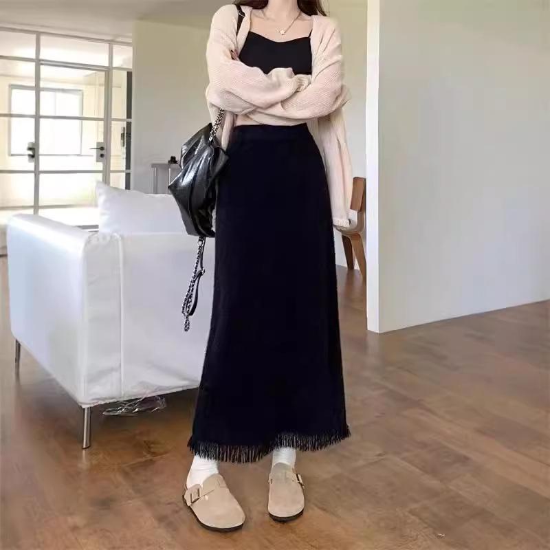 秋冬季仿貂绒流苏针织裙2025新款直筒显瘦气质百搭松紧腰女长裙