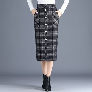 加厚针织半身裙秋冬高腰显瘦格子包臀裙时尚中长款毛线一步裙子潮