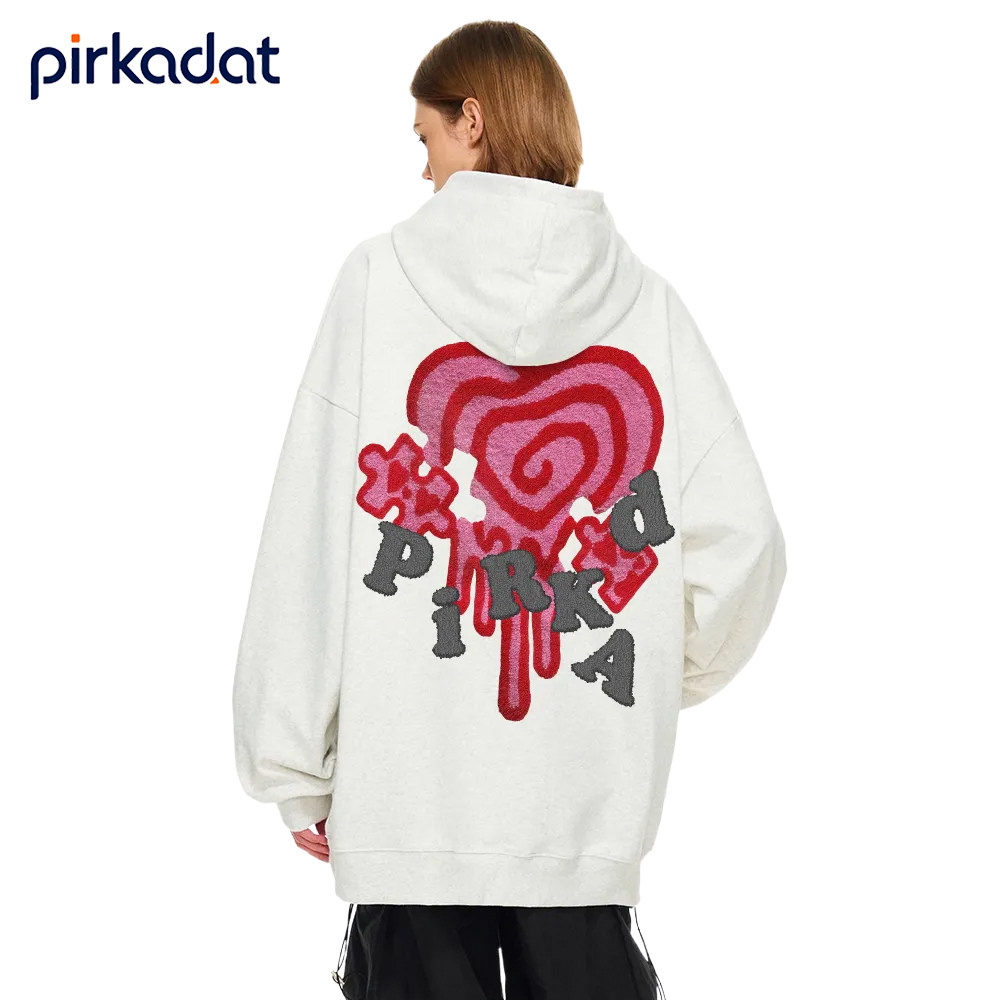 PIRKADAT仿刺绣涂鸦爱心拼图印花宽松连帽卫衣秋冬季复古百搭