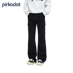 PIRKADAT美式复古黑色微喇裤子男高街cleanfit宽松阔腿牛仔裤秋冬