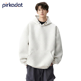 PIRKADAT双纽扣加绒卫衣男潮牌情侣装重磅连帽衫秋冬加厚外套女