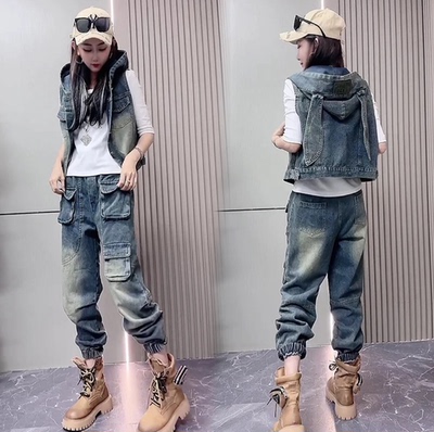 春秋季无袖连帽兔耳朵马甲上衣长裤两件套女宽松大码时尚牛仔套装