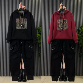 连帽拼色卫衣遮肚子 时尚 2025秋冬两件套加绒加厚套装 宽松休闲新款