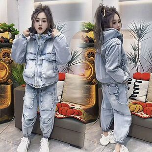 欧洲站时尚洋气感2026年早春网红新款休闲牛仔工装外套裤子套装女