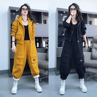 2026秋冬新款套装女加绒加厚工装连帽卫衣宽松长裤休闲运动两件套