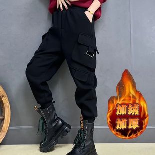 加绒休闲工装卫裤秋冬新款百搭大码宽松束脚女裤多口袋小脚哈伦裤