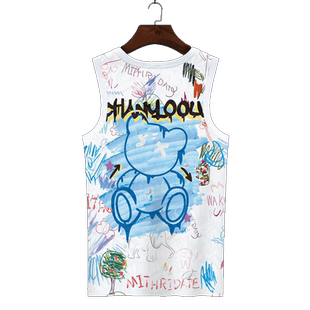 夏季无袖T恤男背心ins潮流小熊印花冰丝透气大码二道坎肩健身速干