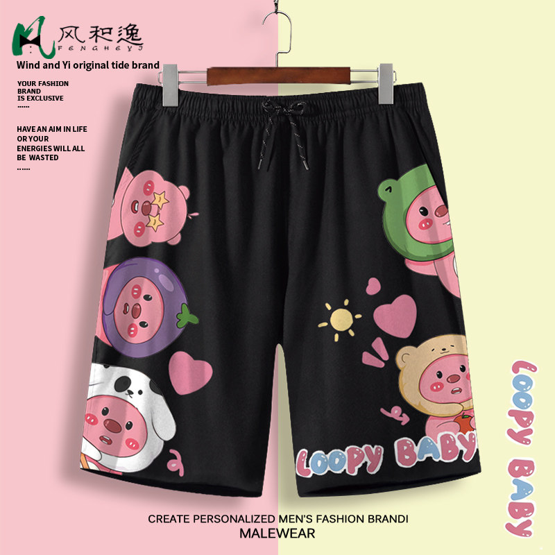 印花短裤男ins潮牌loopy小海狸赞萌露比五分裤夏季薄款大码沙滩裤