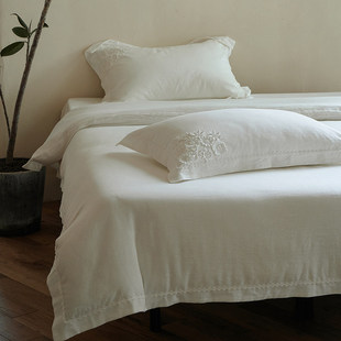 日式民宿白色全棉四件套纯棉麻感棉绣花轻奢高级感进口纱线床品