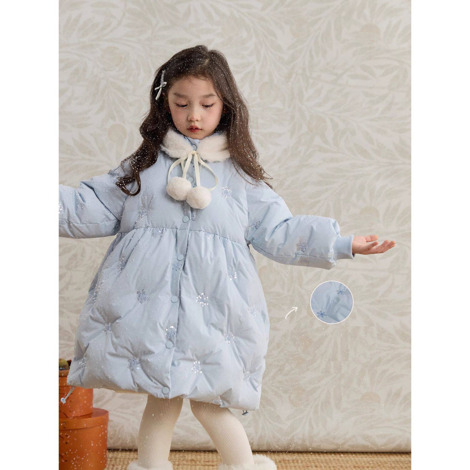 女童棉服冬款雪国精灵加厚羽绒棉衣可拆卸毛毛领雪花亮片棉袄外套