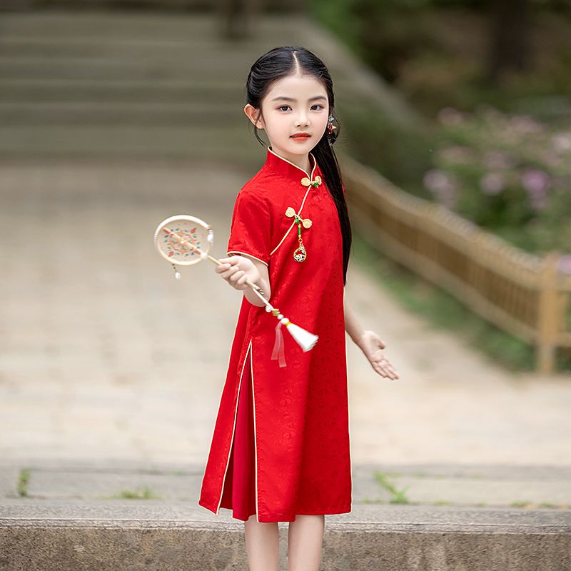 女童红色奥黛旗袍夏季新中式国风短袖小女孩公主裙复古唐装演出服