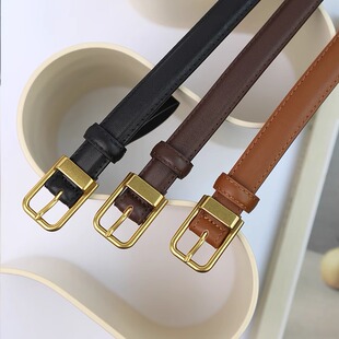 小众设计法式头层牛皮复古针扣腰带皮带女士真皮细款装饰vintage