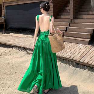 红色v领绑带挂脖连衣裙女海边度假绝美露背性感开叉显瘦长裙 法式