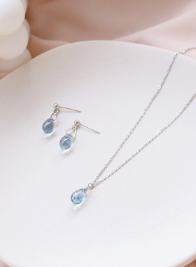 s925纯银耳钉锁骨链短项链 小清新甜美蓝色水滴气质短款耳坠套装