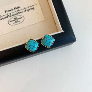 仿绿松石复古耳钉女925银针耳环 古风耳饰气质时尚百搭方形简约