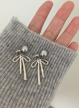 小众设计感高级灰色珍珠925银针耳环女流苏蝴蝶结耳饰新款显脸小