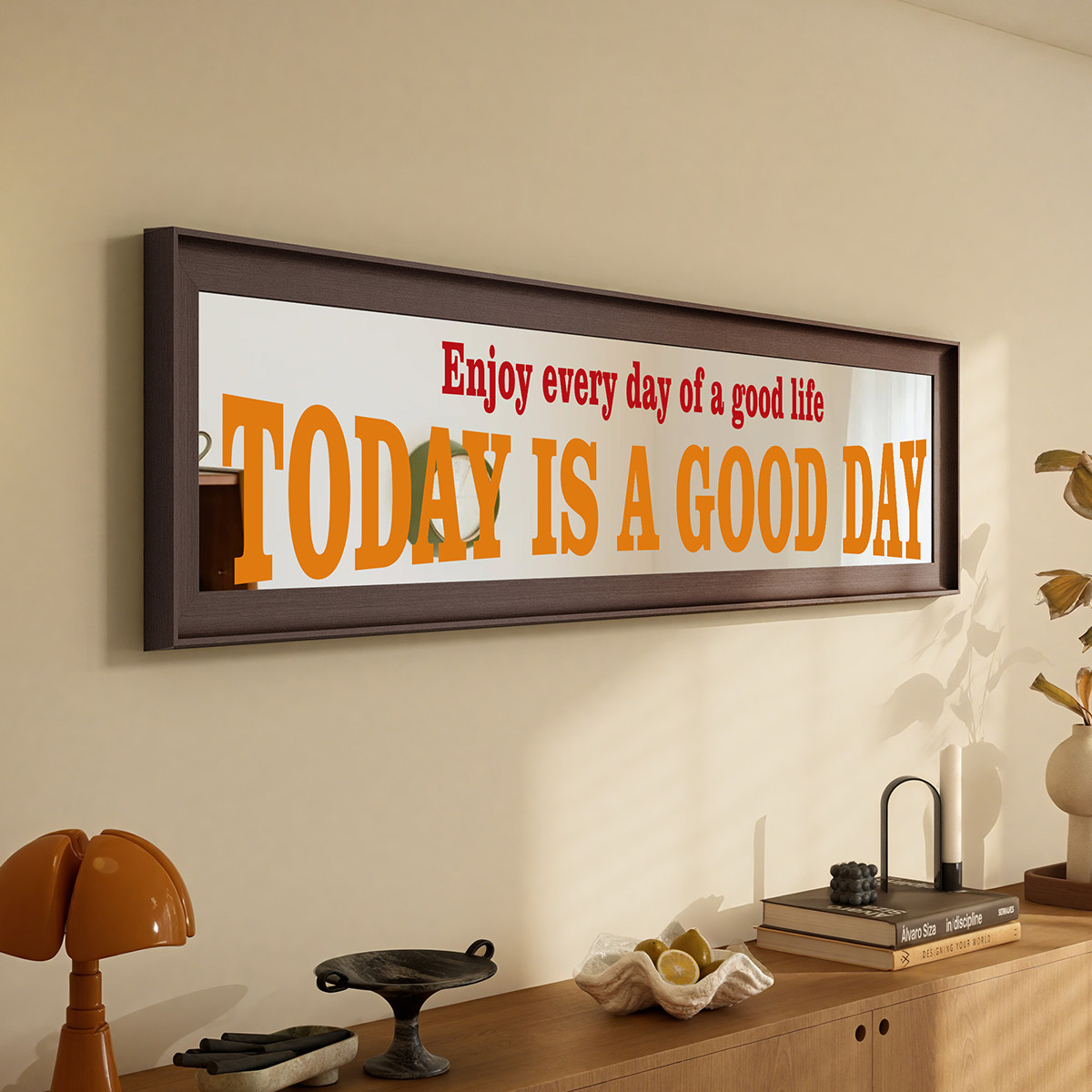 美式复古镜子装饰画横幅横版长条客厅卧室餐厅饭厅高级感镜面挂画