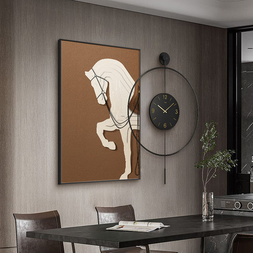 马到成功带钟表时钟轻奢高档大气高级感饭厅饭厅装饰画画客厅挂画