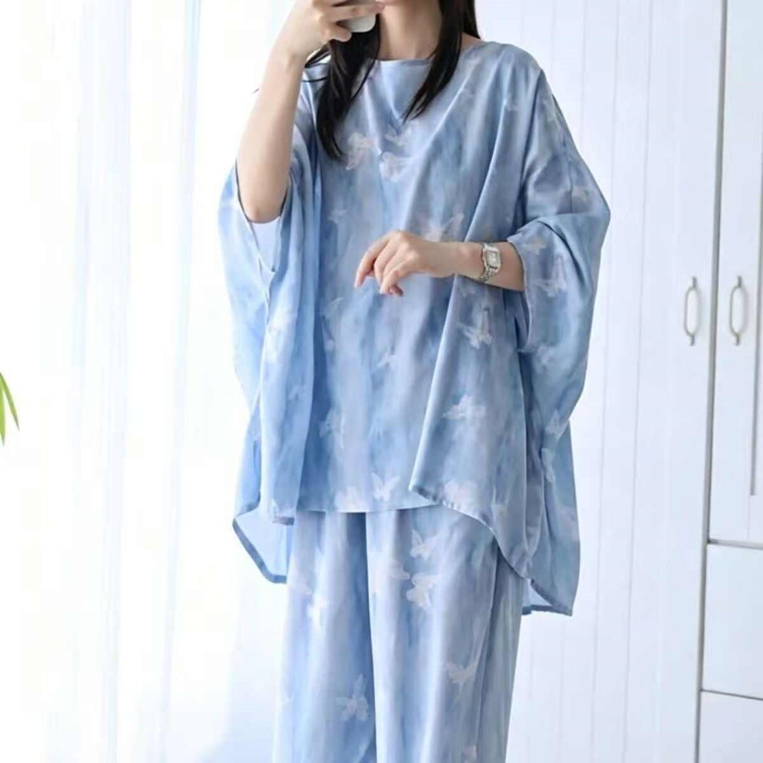 新中式风冰丝睡衣女春秋宽松蝙蝠七分袖印花家居服可外穿舒适套装