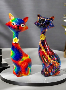 跨境热卖炫彩涂鸦猫咪摆件现代艺术风格创意家居客厅树脂工艺装饰