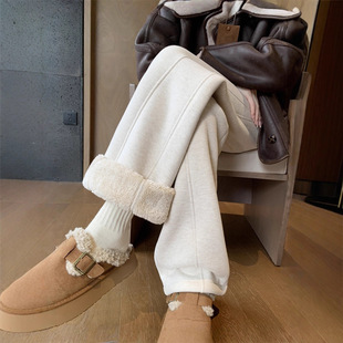 仿羊绒阔腿裤女加厚加绒女裤2025冬季新款羊羔绒人字纹休闲直筒裤