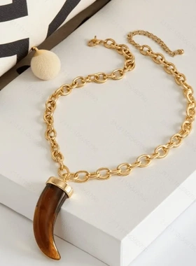 跨境热销民族风晕染树脂尖角狼牙吊坠项链 时尚ins风金属链条项饰