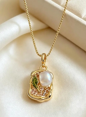 中古油画天然淡水珍珠项链女时尚高级百搭项链轻奢小众项链锁骨链