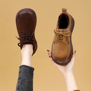 厚底复古乐福鞋 女系带圆头百搭轻便显脚小秋冬加绒中跟英伦风单鞋