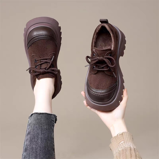 冬加绒百搭7CM厚底增高休闲春秋单鞋 勃肯鞋 显脚小 女款 复古乐福鞋