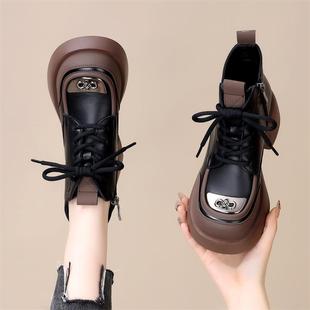 方根马丁靴女2025春秋单鞋英伦风粗跟小短靴真皮百搭女靴增高皮鞋