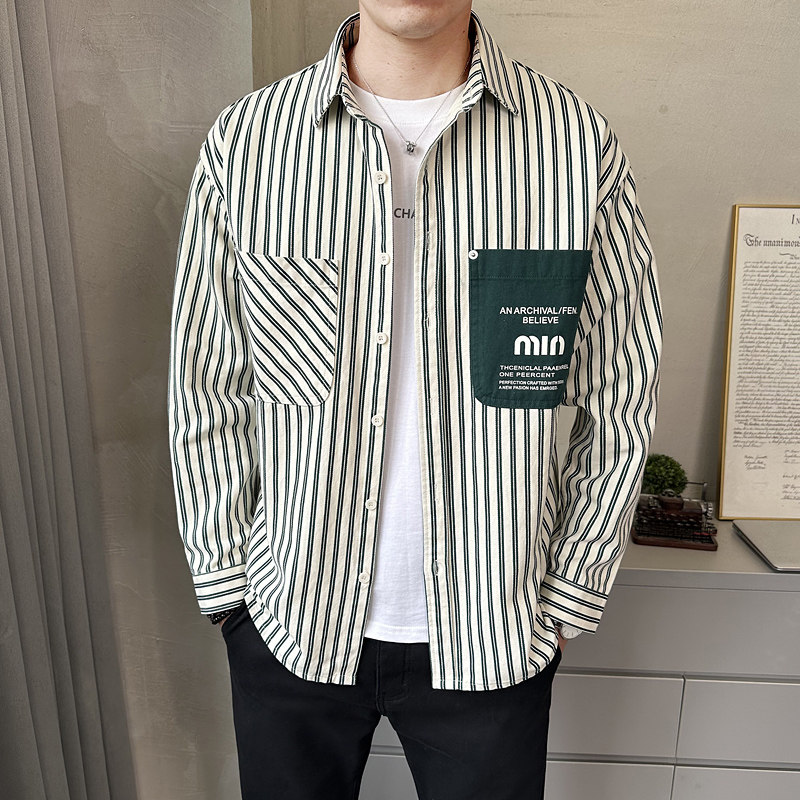 春季新款条纹衬衫男长袖休闲衬衣外套宽松百搭上衣C1807-P85,男装衬衫,电商A239