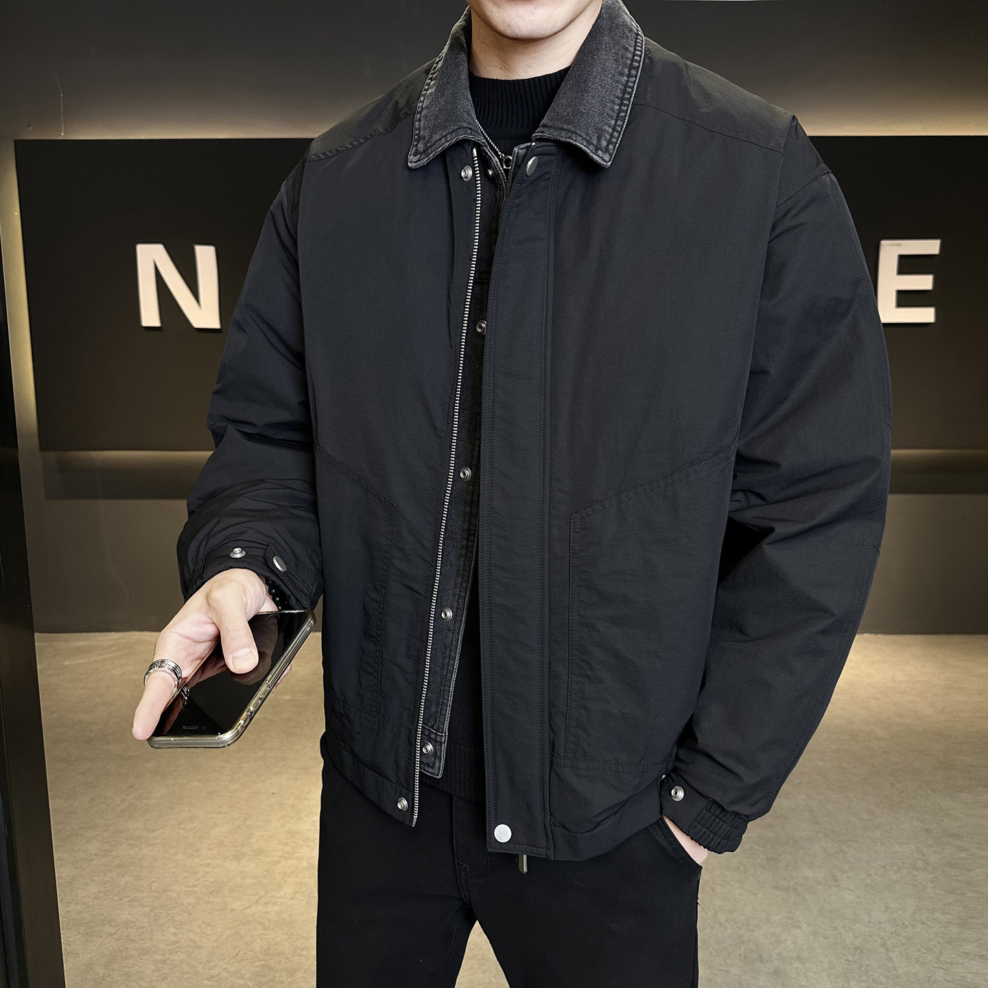 标巴恩风翻领羽绒服新款牛仔拼接男士冬季夹克外套Y5526-P210图片