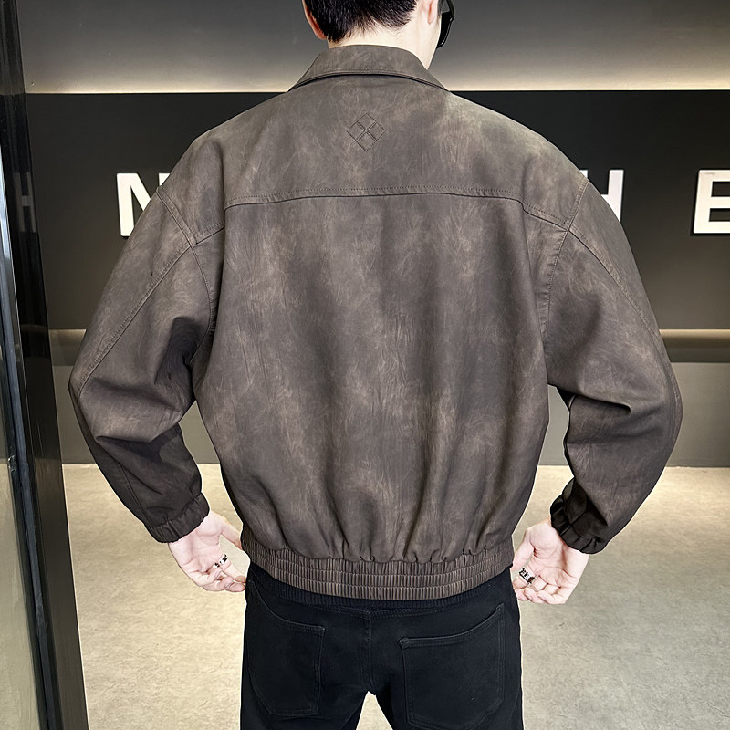 春季新款皮衣外套男翻领休闲宽松刺绣高级感机车皮夹克P886-P165,男装皮衣,电商A239